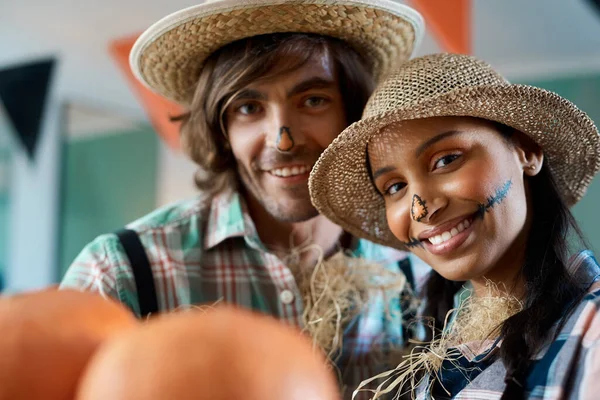 Hes Pumpkin Spice Young Couple Dressed Halloween Home — 图库照片