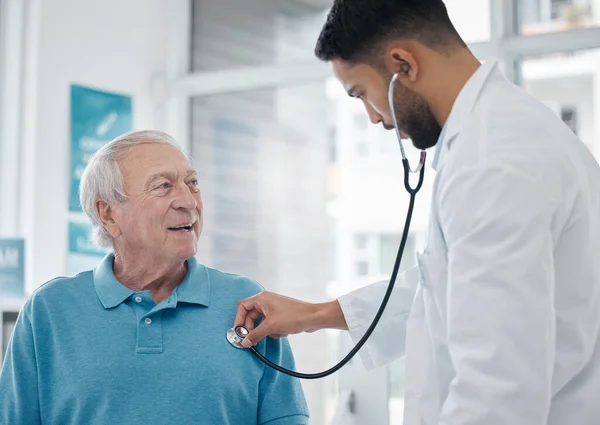 Just Breathe Out Young Doctor Examining Mature Man Stethoscope Office — Foto Stock