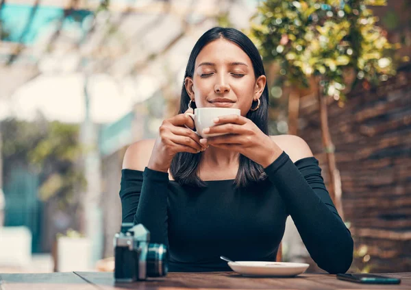 Beautiful Happy Relaxed Woman Smelling Fresh Coffee Enjoying Morning Cafe — Photo
