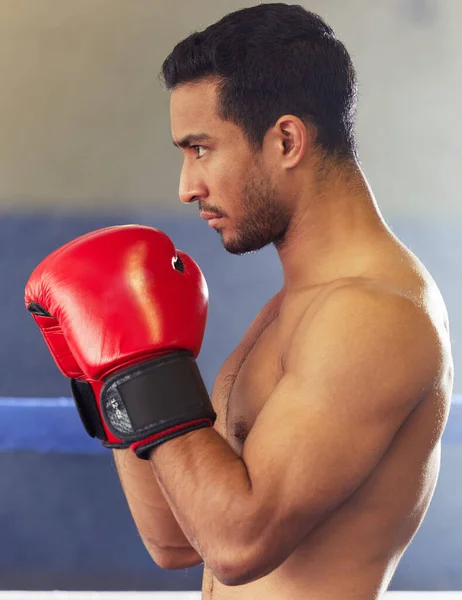 Form Focus Handsome Young Male Boxer Standing His Guard Fight — Stok fotoğraf