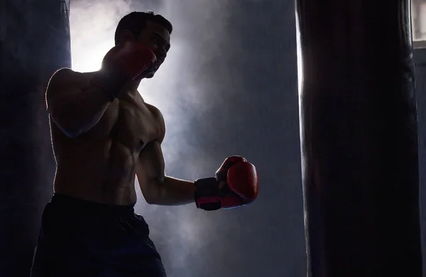 Its All Combinations Silhouetted Young Male Boxer Working Out Punching — Stock fotografie