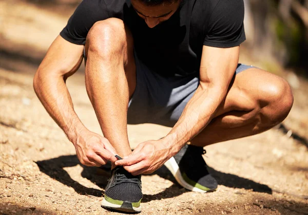 Put Your Running Shoes Run World Man Tying His Shoelaces — Stockfoto
