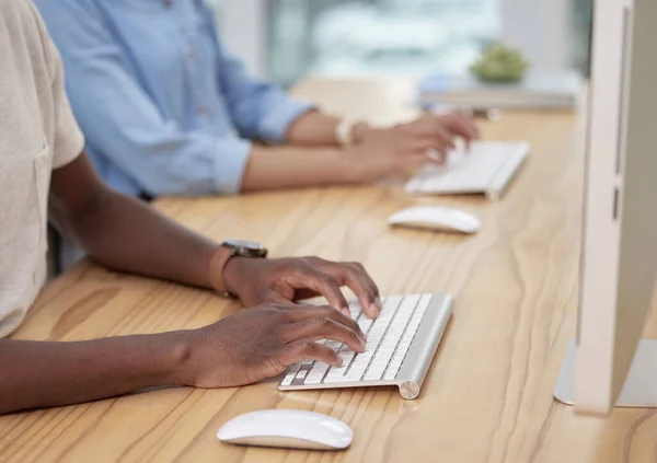 Sending Replies Lightening Speed Two Coworkers Typing Work Desks — 스톡 사진