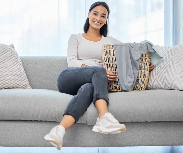 All Done Chores Young Woman Sitting Couch Home — Stock fotografie