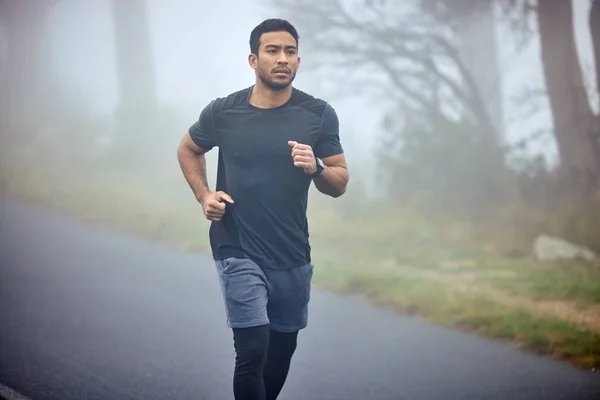 Mighty Warrior Has Appeared Mist Sporty Young Man Running Outdoors —  Fotos de Stock