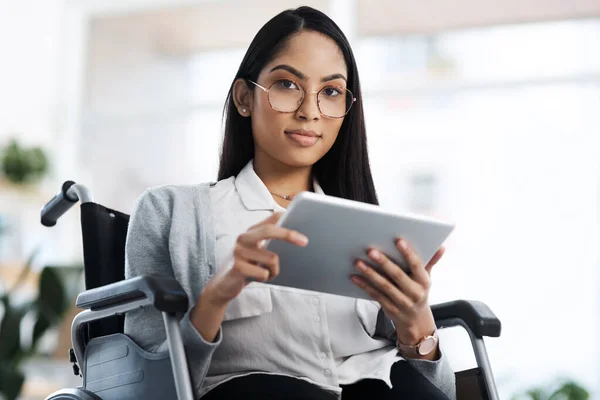 Focused Way Forward Cropped Portrait Attractive Young Businesswoman Wheelchair Using — Foto Stock