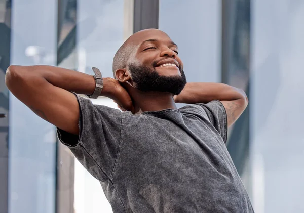 Taking Quick Break Young Businessman His Arms His Back Office — Foto de Stock