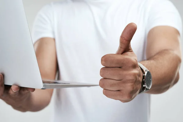 Connected Unrecognizable Man Showing Thumbs While Holding His Laptop — Stockfoto