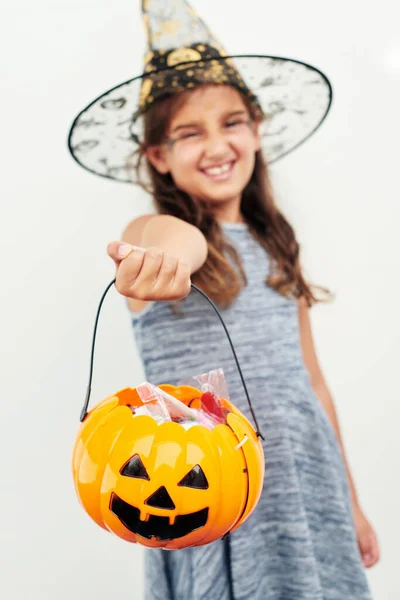 Too Cute Spooky Little Girl Wearing Witch Hat While Holding — Stok fotoğraf