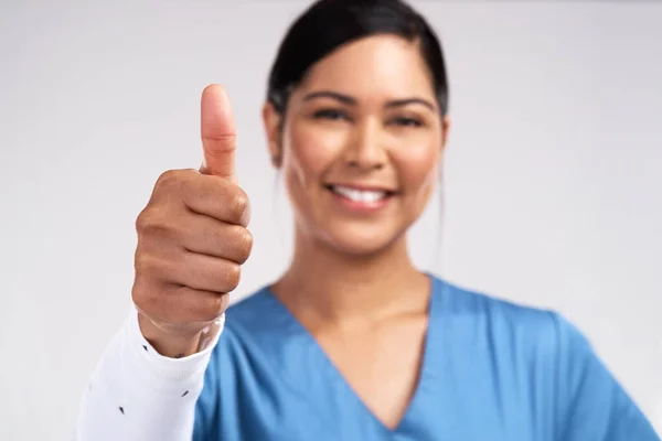 Force God Portrait Young Doctor Showing Thumbs Sign White Background — Stockfoto