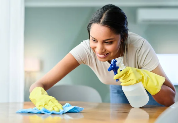 Scrub Bacteria Away Young Woman Wiping Surface Home — Stock fotografie