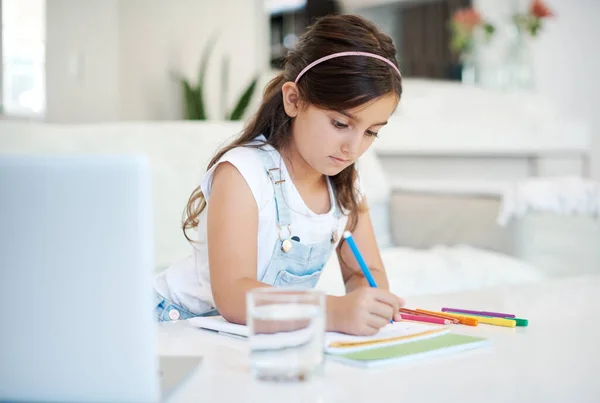 Love Using Different Colours Little Girl Writing Book Home — Foto Stock