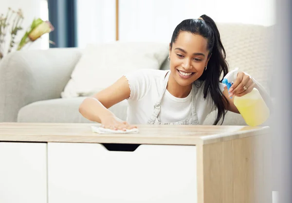 Disinfect Surfaces Checked Young Woman Looking Happy While Doing Chores — Zdjęcie stockowe