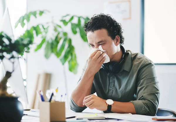 Swear Sick Young Businessman Blowing His Nose Office — Stockfoto