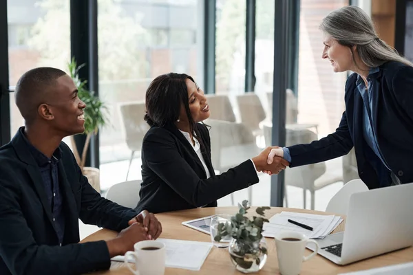 Lets Get Ground Two Businesswomen Shaking Hands Meeting Modern Office — Stock Photo, Image
