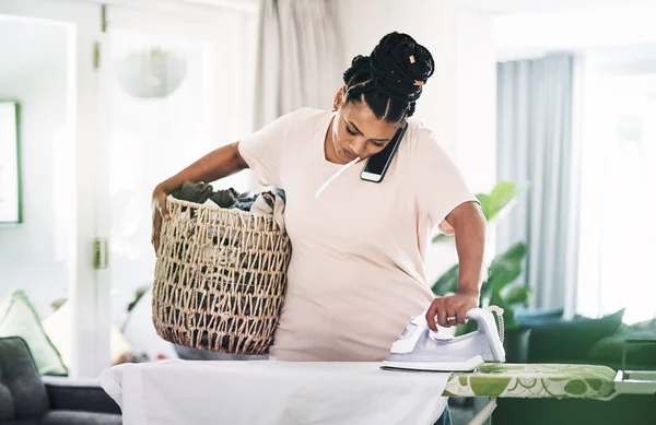 Much Little Time Young Woman Ironing Clothes While Phone Home — Stock fotografie