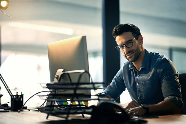 Its Long Night Its Worth Portrait Young Businessman Using Computer — 스톡 사진