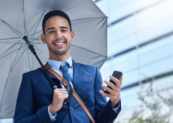 Opportunity Calls Answer Cropped Portrait Handsome Young Businessman Umbrella His — Foto de Stock