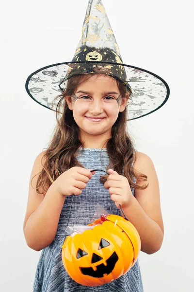 Ready Trick Treating Little Girl Wearing Witch Hat While Holding — Stok fotoğraf