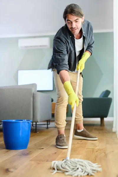 House Wont Clean Itself Young Man Mopping Floor Home —  Fotos de Stock