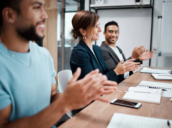 Were Happy Meet You Group Coworkers Clapping Business Meeting — Foto de Stock