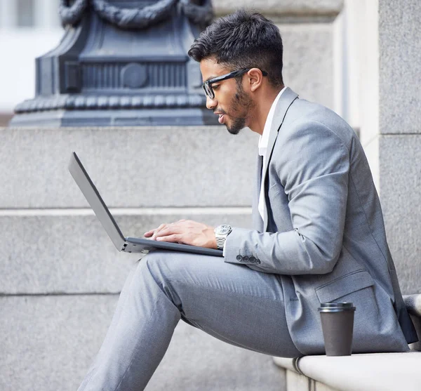 Business Matters Young Businessman Using Laptop City — Fotografia de Stock