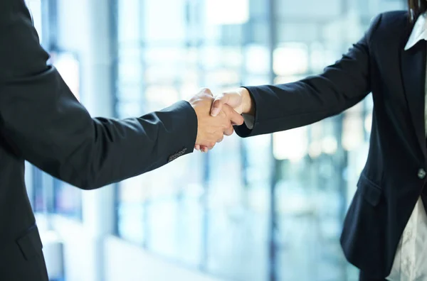 Welcome Team Were Happy Have You Two Businesspeople Shaking Hands — Fotografia de Stock