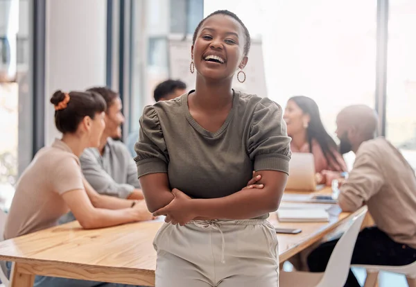 Job Brings Smile Face Young Businesswoman Posing Office — Fotografia de Stock