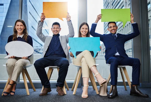 Were Very Diverse Team Group Young Businesspeople Holding Speech Bubbles — Foto Stock