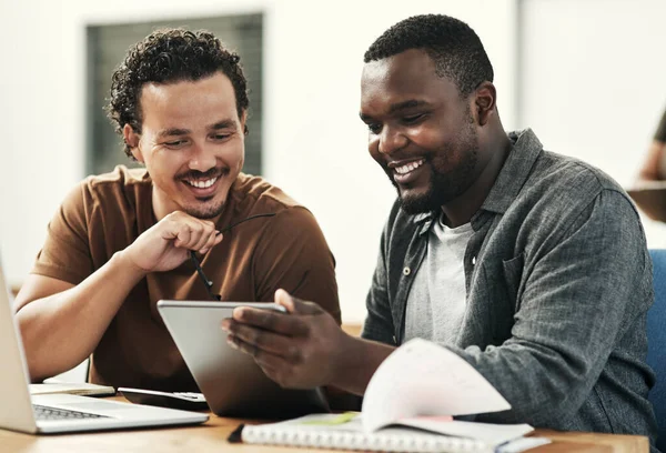 Creativity Two Young Businessmen Sitting Together Using Digital Tablet Office — Stock Fotó