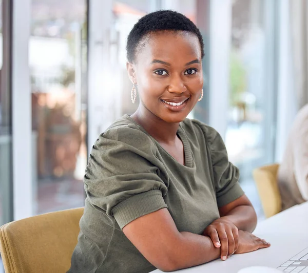 Work Hard Achieve Goals Portrait Businesswoman Smiling While Sitting Her — Stock Fotó