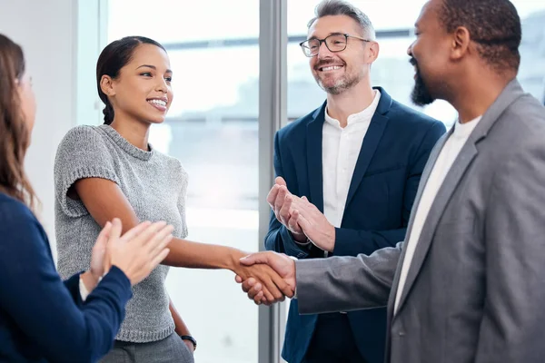Caught Passion Fever Businesspeople Shaking Hands Office — Stockfoto