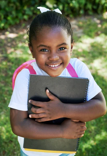 Have Everything Need First Day Little Girl Wearing Backpack While — Foto de Stock