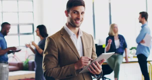 Happy Young Man Holding Digital Tablet While Standing Modern Office — Stock videók