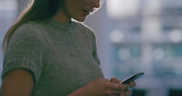 Young Creative Trendy Professional Woman Typing Phone While Standing Her — ストック動画