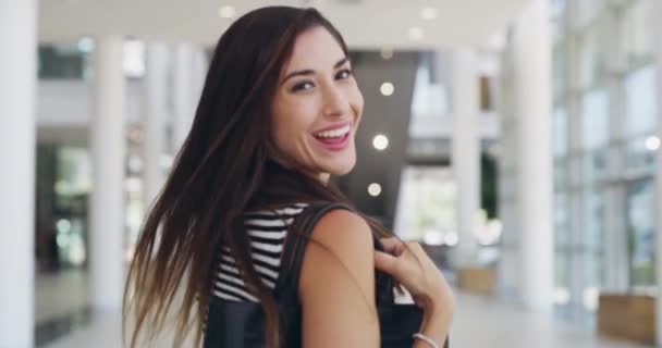 Beautiful Happy Laughing Business Woman Walking Greeting Waving Camera Office — Stockvideo