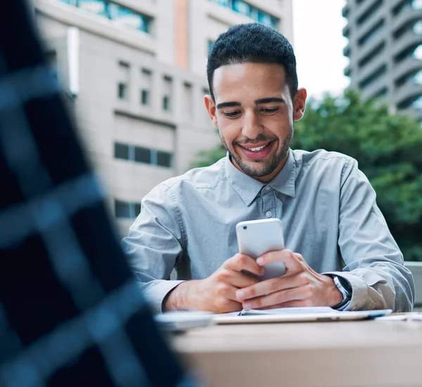 App Handy Business Young Businessman Using Cellphone Meeting Balcony Office — Stockfoto