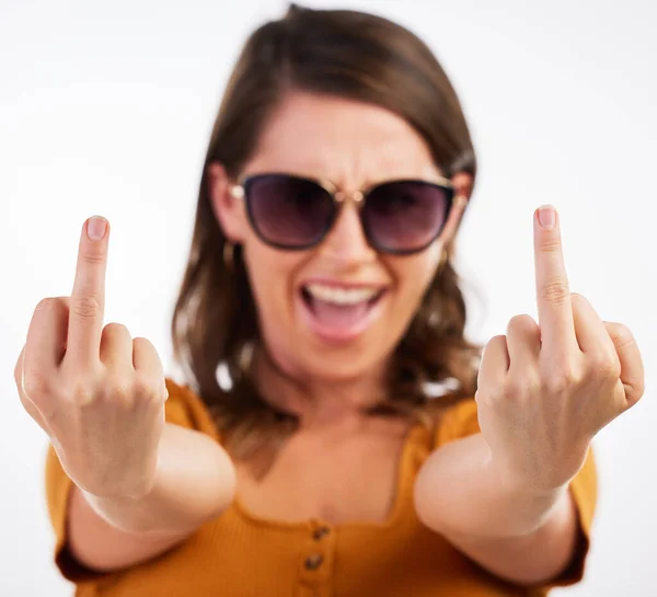 Have Look Studio Shot Young Woman Showing Her Middle Finger —  Fotos de Stock