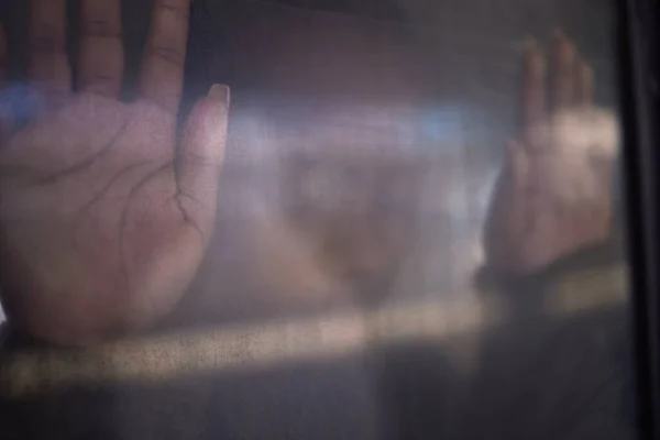 Depression Got Her Feeling Trapped Unrecognizable Womans Hands Pressed Window — Fotografia de Stock
