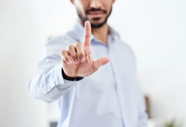 Modern Future Futuristic Business Man Pointing His Finger Pressing Empty — Stok fotoğraf