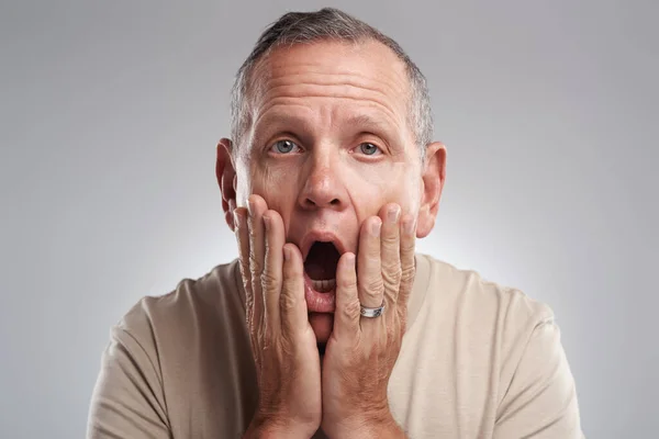 Disaster Handsome Mature Man Standing Alone Grey Background Studio Looking — Stockfoto