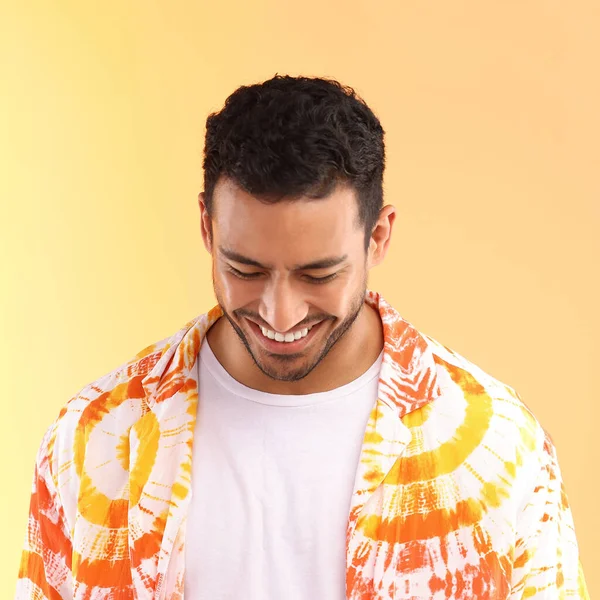 Lets Just Happy Young Man Wearing Tie Dye Shirt While — Stok fotoğraf