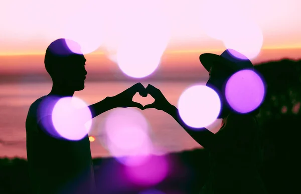 Two Hearts Become One Affectionate Young Couple Silhouetted Sunset — Photo