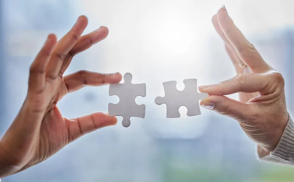 Putting Together Pieces Two People Joining Puzzle Pieces Together — Stockfoto