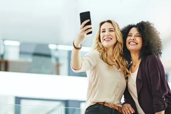 Happy Smiling Cheerful Women Taking Selfies Phone While Bonding Having — Stock fotografie