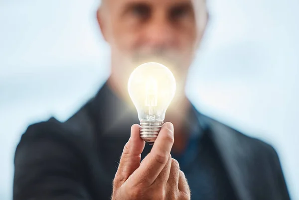 First Dream Achieve Unrecognisable Businessman Holding Lightbulb —  Fotos de Stock