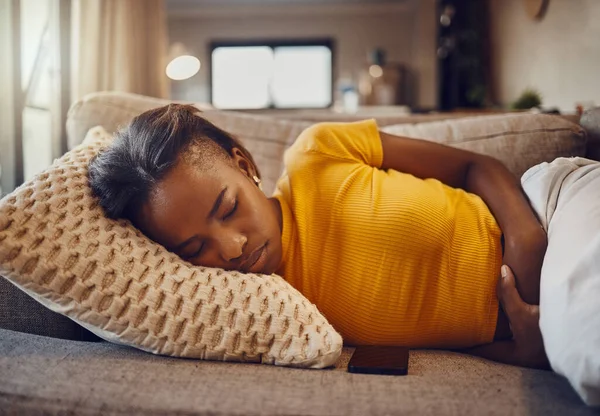 Stomach Pain Illness Sickness Causing Tired Young Sleepy Black Woman — Stockfoto