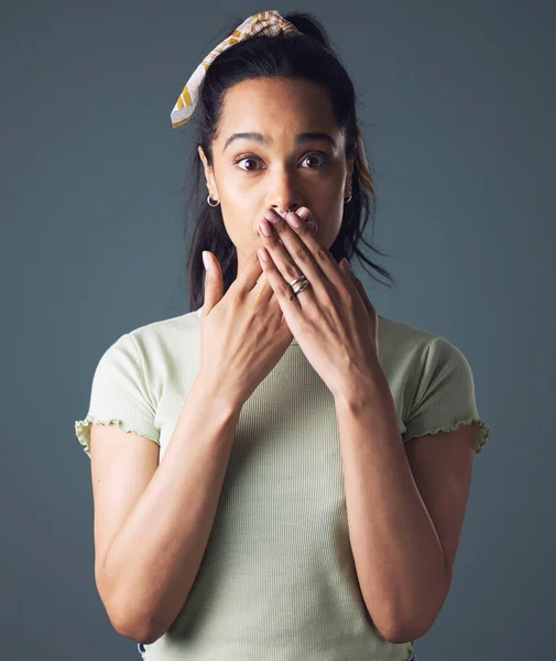 Good Keeping Secrets Studio Shot Young Woman Standing Her Hands — Zdjęcie stockowe