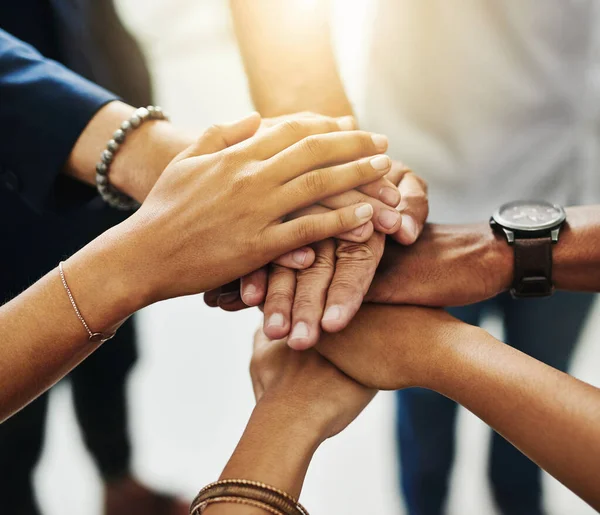 Business People Hands Stacked Together Showing Unity Teamwork Collaboration Multicultural — Foto Stock