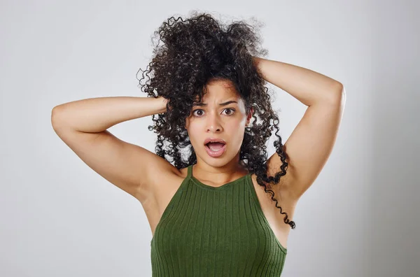 What Did You Just Say Hair Studio Shot Woman Messy — Stock Fotó
